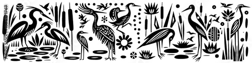 Hand‑Drawn Stork Illustration – Tribal Wetland Folk Art Pattern Vector for Nature & Wildlife Themes