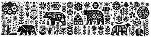 Hand‑Drawn Bear and Honey Illustration – Tribal Forest Folk Art Pattern Vector for Wildlife & Nature Themes
