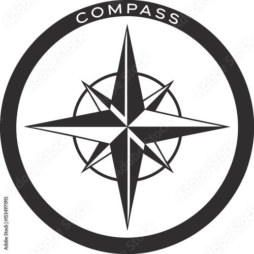 Black and white circular compass rose symbol with directional star icon, navigation design concept, travel guidance element, vector icon for maps and exploration use