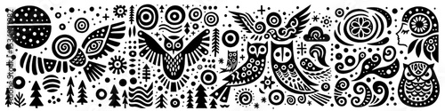 Hand‑Drawn Owl and Night Illustration – Tribal Forest Folk Art Pattern Vector for Nocturnal & Nature Themes