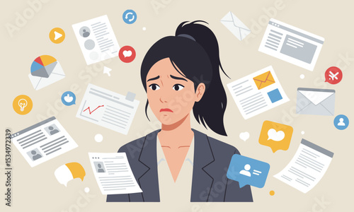 Flat design illustration depicting an individual with work-related stress, information overload, and excessive paperwork. Ideal for themes of mental health, stress management, and worklife balance