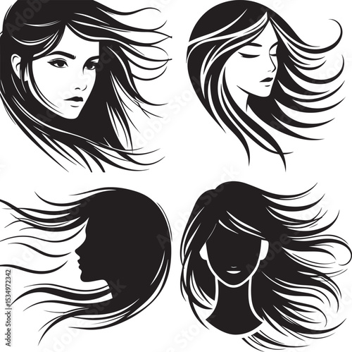 Set of woman with long hair vector silhouette 