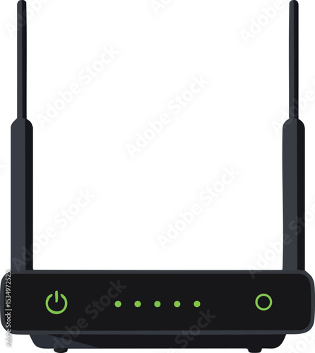 Wireless router with dual antennas and green indicator lights technology device vector illustration for internet connectivity 