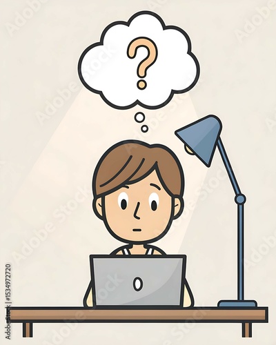 Flat vector of a person sitting at a desk with books and a laptop, confused with a question mark cloud above — concept of research struggle, information overload, and mental fatigue while learning

