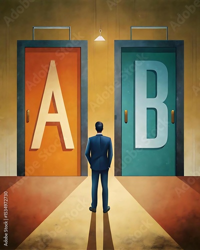 Flat vector illustration of a confused person standing between two doors labeled Option A and Option B — concept of business decision-making, dilemma, career path choice, or strategic planning confusi