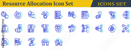 Resource Allocation Icon Set. Containing Budget List,Budget Plan,Cost Allocation,Cost,Distribution,Effort,Handling,Operation,Priority,Resource Allocation,Resource. Outline Gradient Style