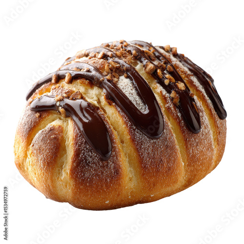 Delicious chocolate drizzled bread roll with nuts on top. transparent background