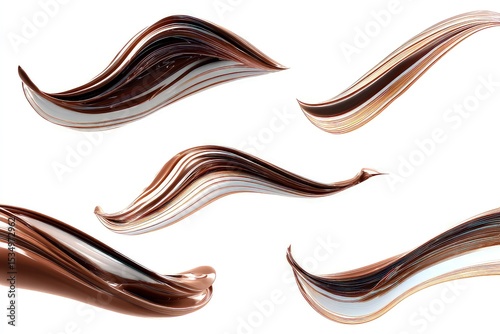 Chocolate layers in varying textures, glossy and dripping cocoa strips in rich brown tones isolated on white background