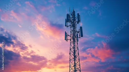 Telecommunication tower with 5G radio network equipment, Modern mast against pink clouds at sunset. High tech structure .Cellular tech infrastructure, generative ai