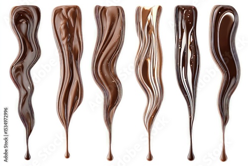 Chocolate layers in varying textures, glossy and dripping cocoa strips in rich brown tones isolated on white background