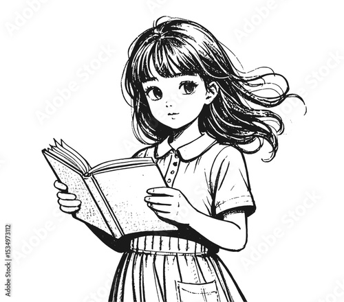 Cute girl reading a book line art drawing sketch vector hand drawn illustration