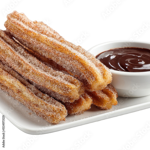 Delicious churros served with rich chocolate dipping sauce. transparent background