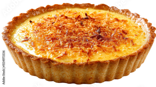 Delicious coconut cream tart with a golden toasted topping. transparent background