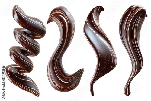 Chocolate layers in varying textures, glossy and dripping cocoa strips in rich brown tones isolated on white background