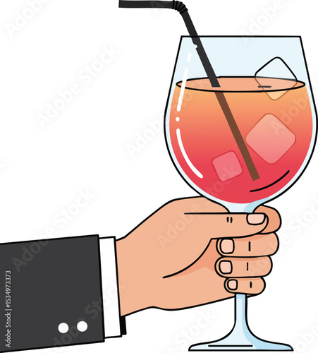 Hand Holding Cocktail Glass with Straw and Ice Cubes Vector Illustration for Beverage and Party Themes