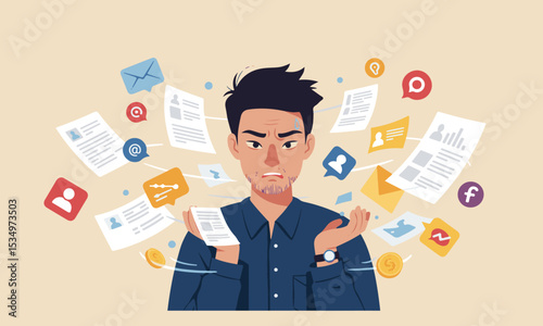 Flat design illustration depicting an individual with work-related stress, information overload, and excessive paperwork. Ideal for themes of mental health, stress management, and worklife balance