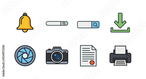 Illustration of a bell, search bars, download icon, camera lens, camera, document, and printer icons