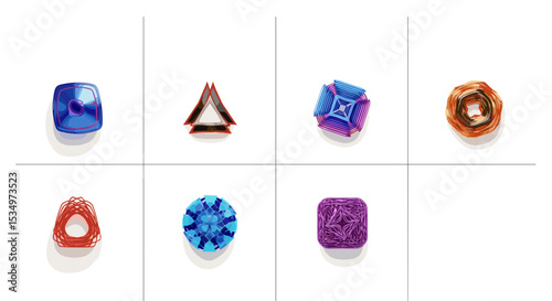 Collection of eight uniquely designed objects arranged in a grid pattern on a white background view from above