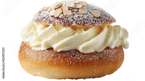 Delicious cream-filled pastry topped with almonds and powdered sugar. transparent background