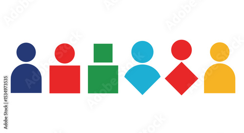 Colorful geometric figures arranged in a row representing people in a simple and abstract style art