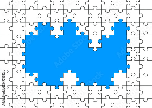 White jigsaw puzzle pieces create a minimalist border as abstract background. The design highlights concepts of connection, teamwork, problem solving, game, and education. White puzzle banner design