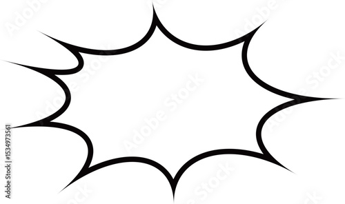 This image displays a blank, white comic speech bubble, characterized by a jagged, spiky outline with a thick black border. 