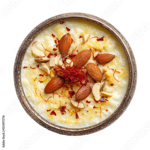 Delicious creamy dessert topped with nuts and saffron strands. transparent background