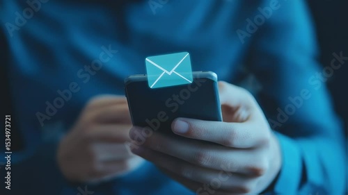 Person interacting with illuminated digital mail on modern smartphone screen