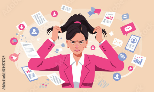 Flat design illustration depicting an individual with work-related stress, information overload, and excessive paperwork. Ideal for themes of mental health, stress management, and worklife balance