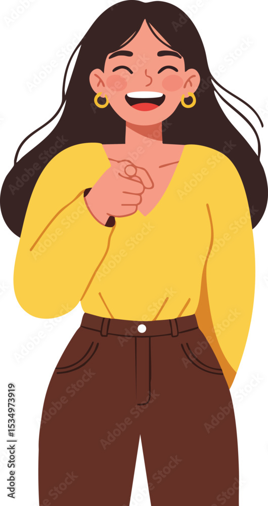 Fototapeta premium Woman in yellow blouse laughing and pointing forward with brown pants casual style vector illustration 