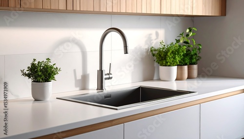 Modern kitchen sink with plants