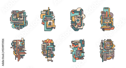 Collection of eight abstract geometric structures with pastel colors and dark outlines displayed on white