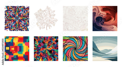 Collection of eight abstract art pieces featuring diverse styles and color palettes displayed together