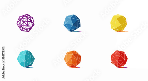 A collection of six colorful polygonal shapes arranged on a white background in a two by three grid