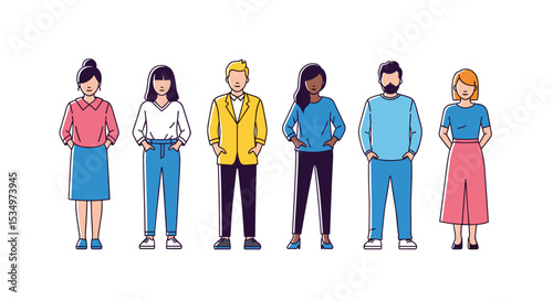 Diverse group of six people standing in a row wearing casual clothes with hands in their pockets