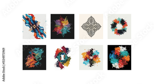 Collection of eight abstract art pieces featuring varied styles and color palettes in a gallery setting