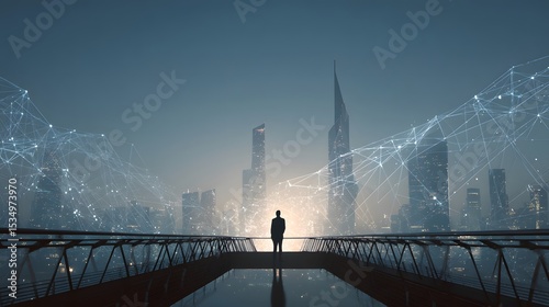 Futuristic Businessman Standing on Bridge in City Skyline with Digital Network Overlay