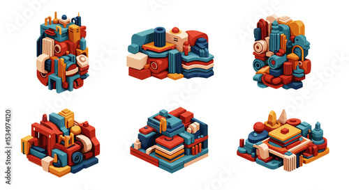 Isometric abstract structures in red blue and yellow with varying shapes and orientations art design