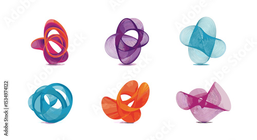 Six abstract sculptures with swirling lines in vibrant colors on a white background art installation