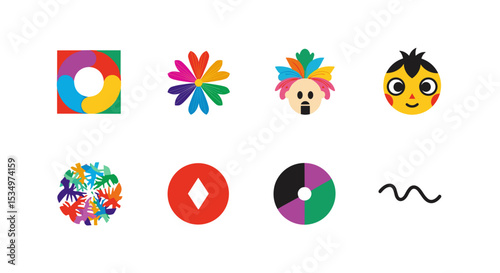 Collection of abstract shapes and figures including a face and colorful designs arranged on white background