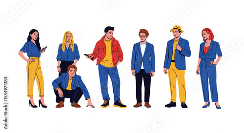 Group of seven people standing and crouching wearing casual clothing with different expressions shown