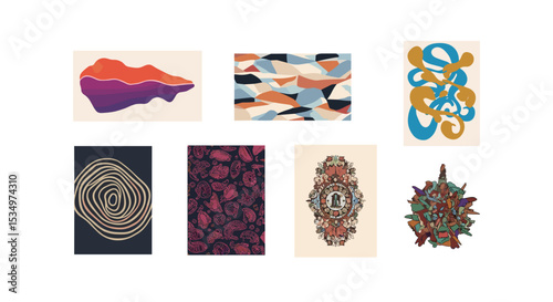 A collection of diverse artistic renderings including abstract shapes patterns and detailed illustrations displayed