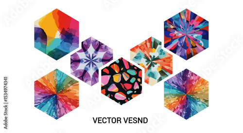 Abstract arrangement of colorful hexagonal shapes with various patterns and color schemes displayed