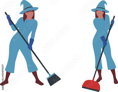 Woman wearing blue outfit and hat playing curling sport with broom vector illustration 