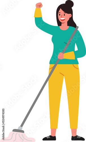 Woman cleaning with mop happy cheerful housework domestic activity vector illustration 