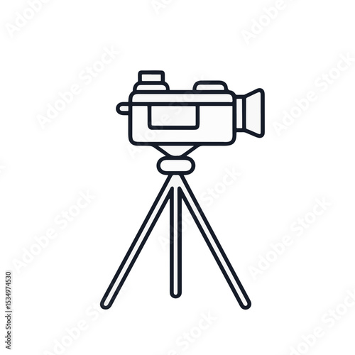 Minimalist black and white camera on tripod against plain background, photography