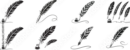 Black quill pens and inkwells writing set illustrations