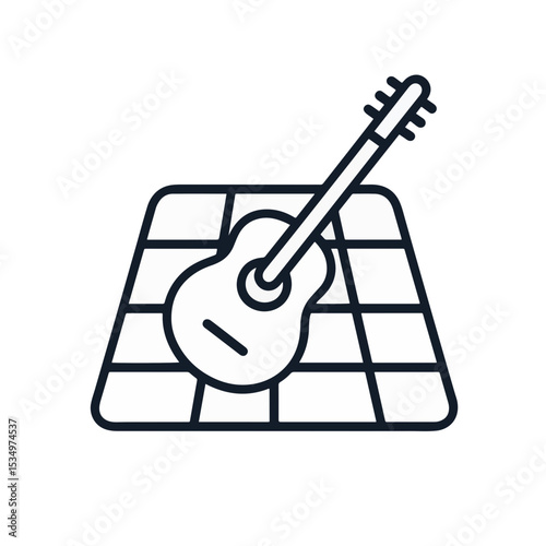 Minimalist acoustic guitar icon on picnic blanket, musical symbolism