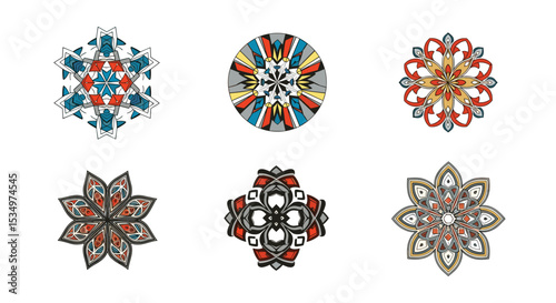 Collection of six stylized floral and geometric mandala designs in various colors on a white background