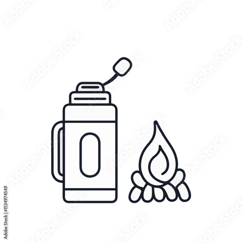 Minimalist thermos and fire illustration for camping concept -